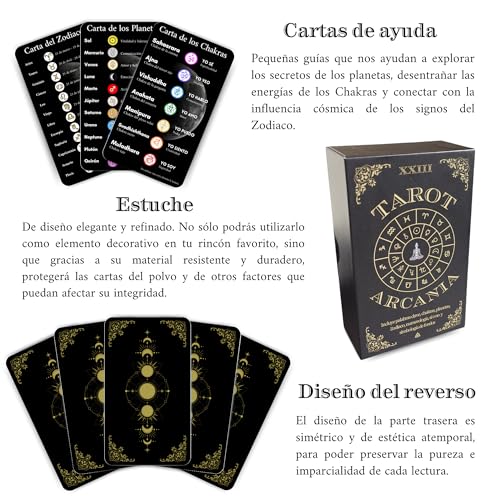 ARCANIA - Cartas de Tarot para Principiantes, con Definiciones fáciles, Palabras clave, Zodiaco, Chakras, Numerología, Sí o no y Simbología de fondos